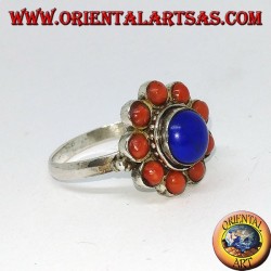 Ring aus 925 ‰ silberner Blume aus zentralem natürlichen Lapislazuli und mit natürlichen Korallen verziert