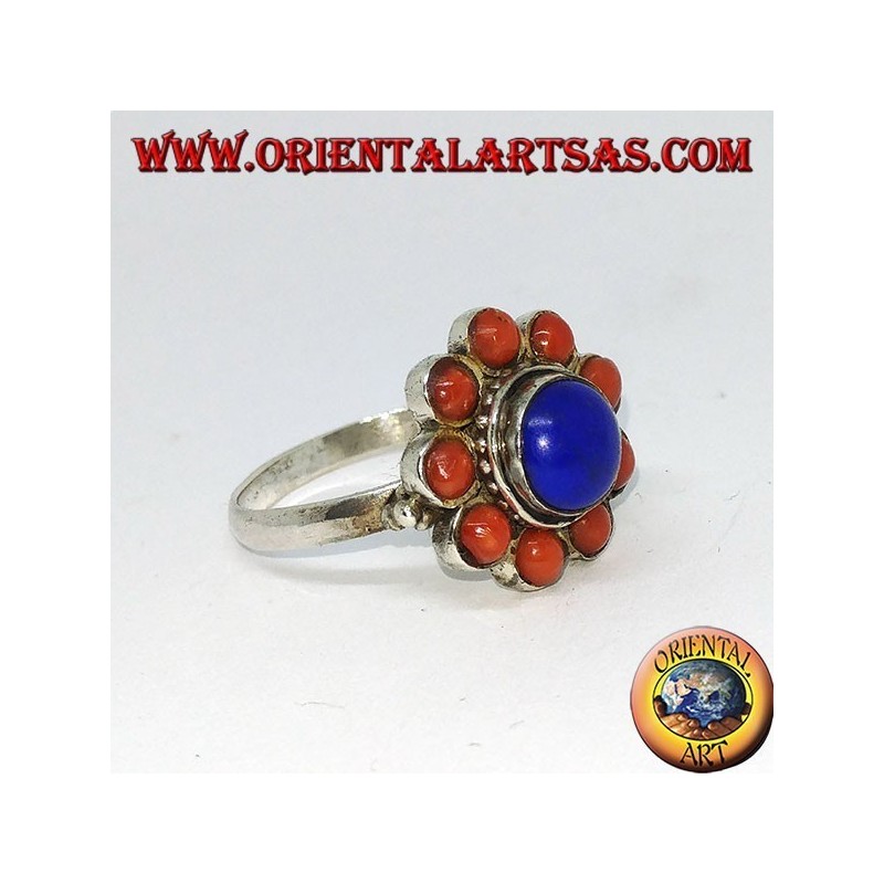 Ring aus 925 ‰ silberner Blume aus zentralem natürlichen Lapislazuli und mit natürlichen Korallen verziert