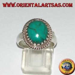 Silver ring with natural oval turquoise set with triangles