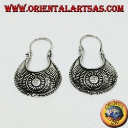 Carved silver earrings with a carved bag of ethnic style