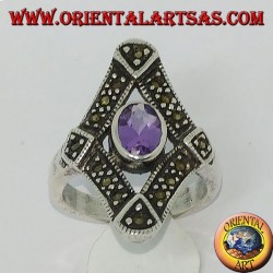 Silver ring in rhombus with marcasite and natural oval amethyst