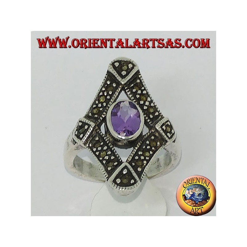 Silver ring in rhombus with marcasite and natural oval amethyst