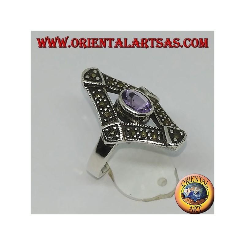 Anello in argento a rombo con marcasite e ametista ovale naturale
