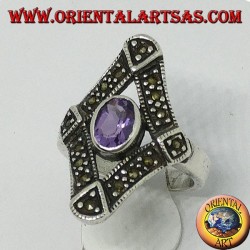 Silberring in Raute mit Markasit und natürlichem ovalen Amethyst