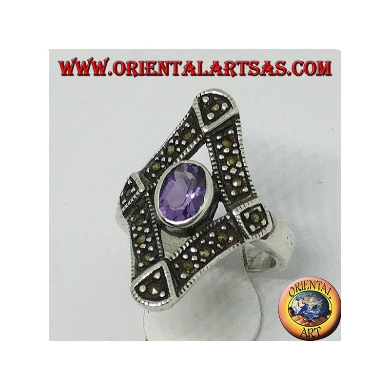 Silberring in Raute mit Markasit und natürlichem ovalen Amethyst