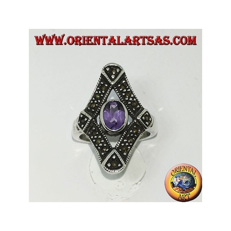 Silberring in Raute mit Markasit und natürlichem ovalen Amethyst
