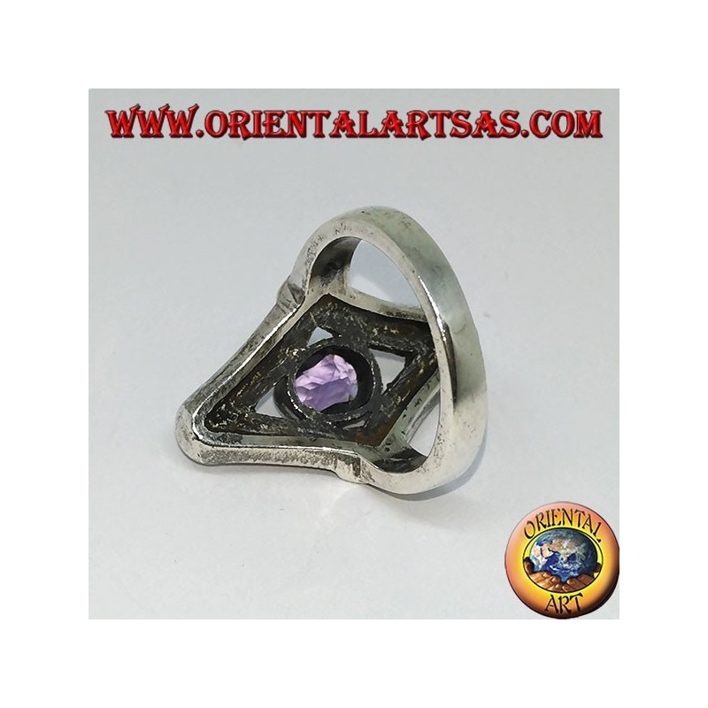 Silver ring in rhombus with marcasite and natural oval amethyst