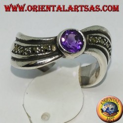 Ring in 925 argento silver wavy with marcasite and natural round amethyst