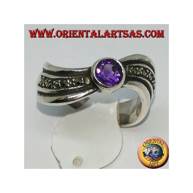 Ring aus 925 Argento Silber gewellt mit Markasit und natürlichem rundem Amethyst