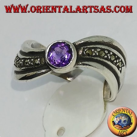 Ring in 925 argento silver wavy with marcasite and natural round amethyst