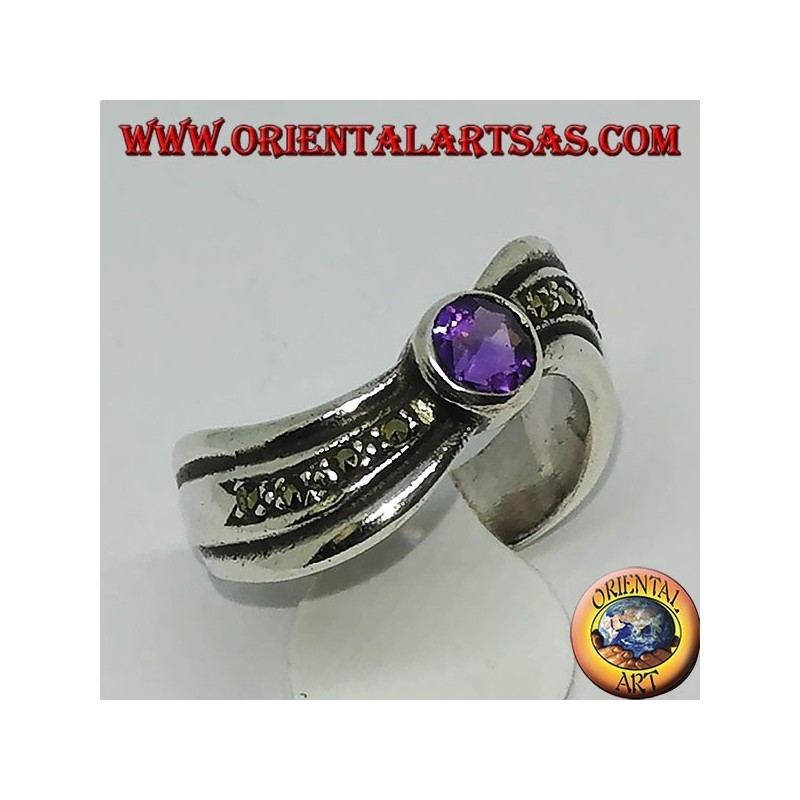 Ring in 925 argento silver wavy with marcasite and natural round amethyst