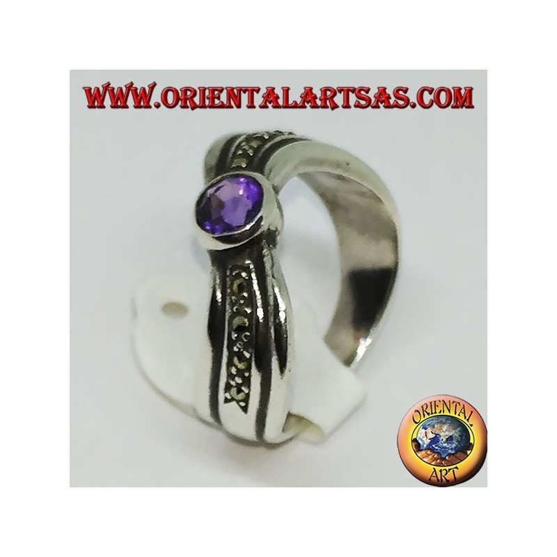 Ring aus 925 Argento Silber gewellt mit Markasit und natürlichem rundem Amethyst
