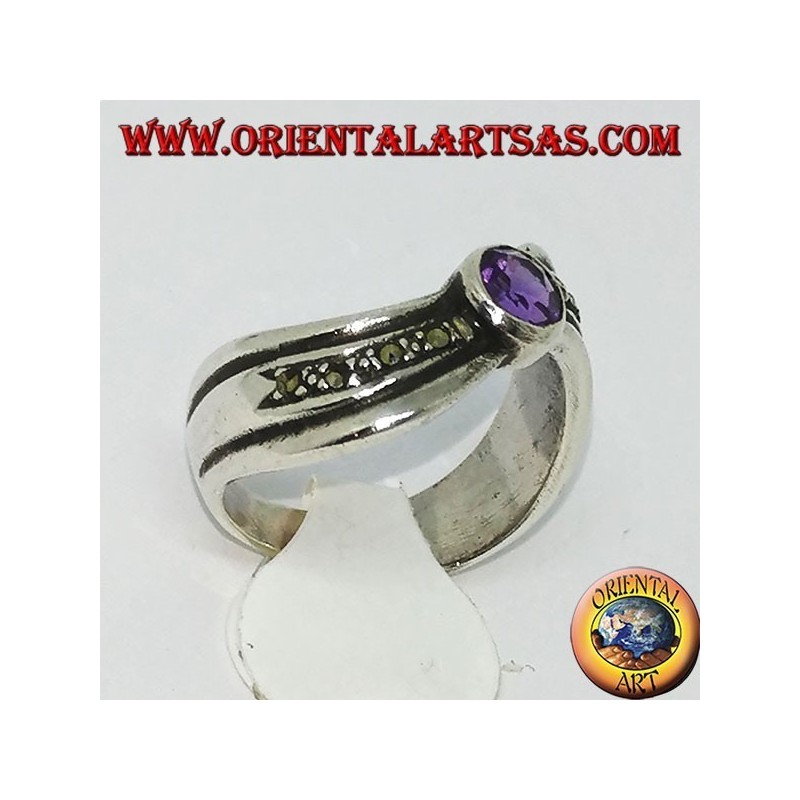 Ring aus 925 Argento Silber gewellt mit Markasit und natürlichem rundem Amethyst