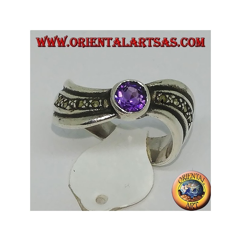 Bague en argent 925 ondulé avec marcassite et améthyste ronde naturelle