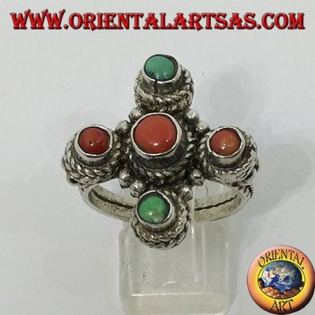 Anello in argento  a forma di  croce  con coralli  e turchesi naturali