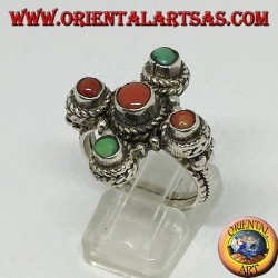 Silver ring in the shape of a cross with natural corals and turquoise
