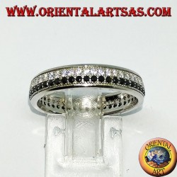 Ring in silver with two rows of cubic zirconia, one of white zircons and one of black zircons
