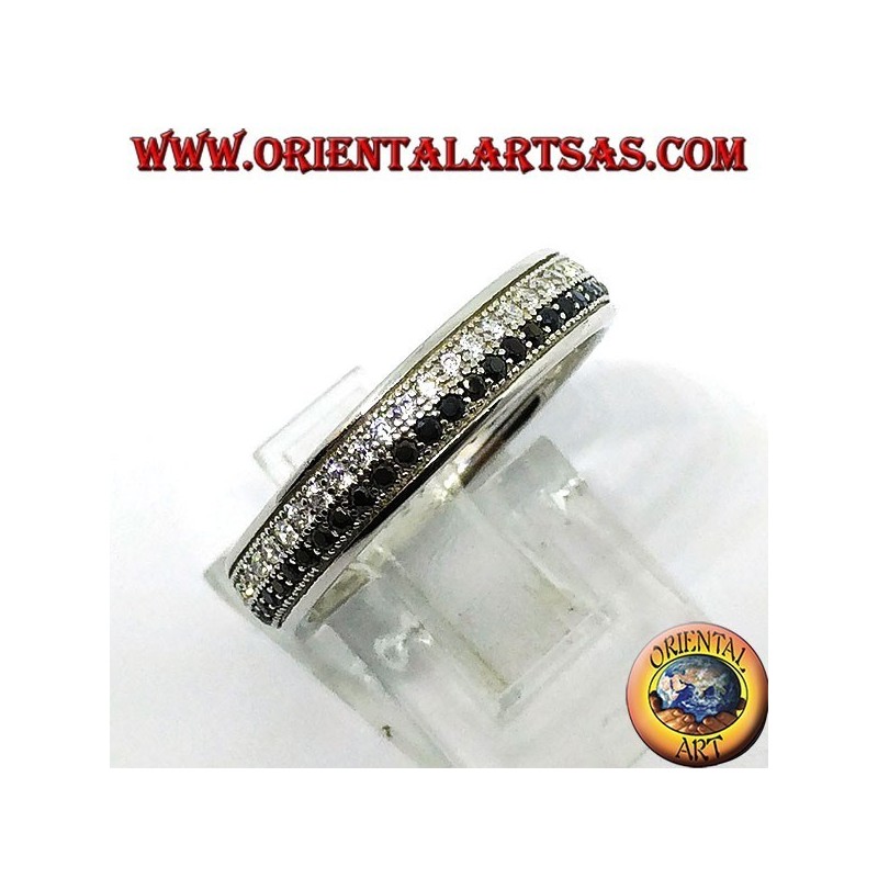 Ring in silver with two rows of cubic zirconia, one of white zircons and one of black zircons