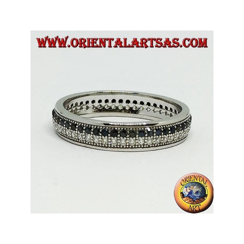 Ring aus Silber mit zwei Reihen Zirkonia, einer aus weißen Zirkonen und einer aus schwarzen Zirkonen