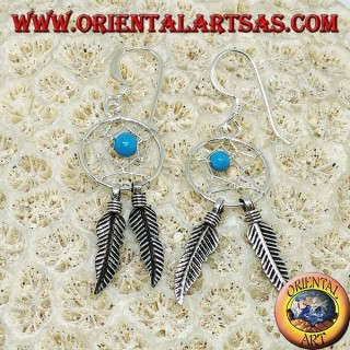 Pendientes de plata con atrapasueños con bola turquesa.