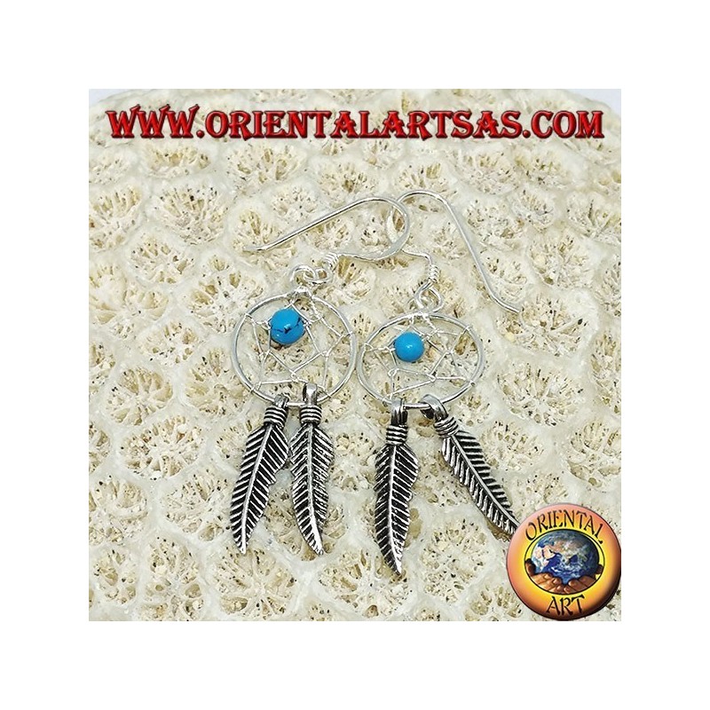 Pendientes de plata con atrapasueños con bola turquesa.