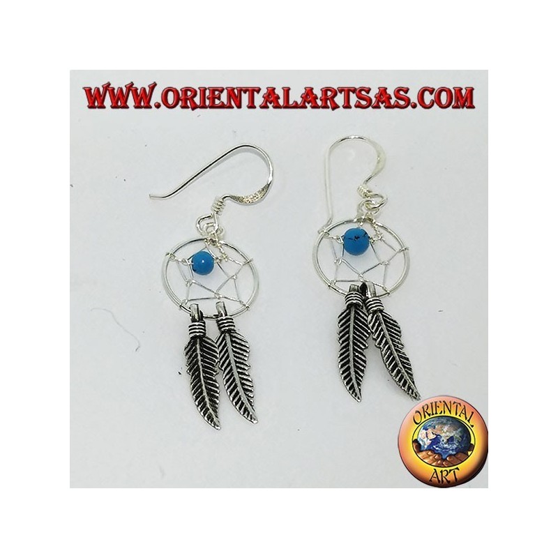 Silver earrings with little dream catcher with turquoise ball