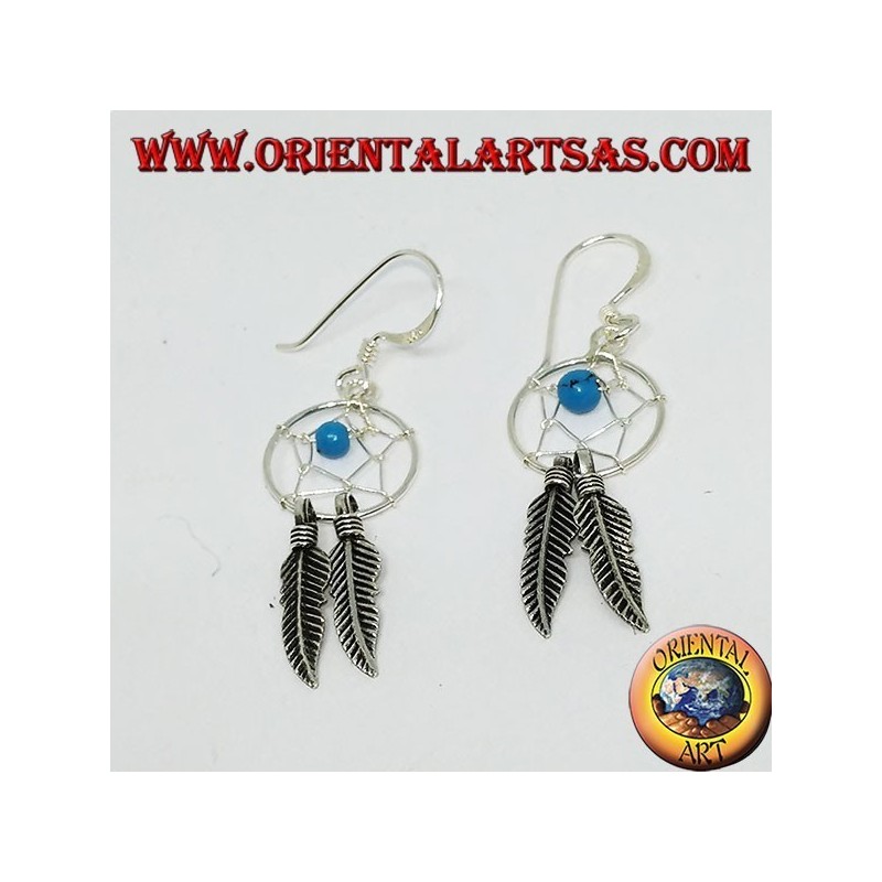 Pendientes de plata con atrapasueños con bola turquesa.