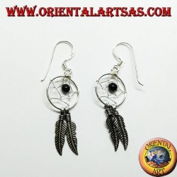 Silver earrings with little dream catcher with onyx ball