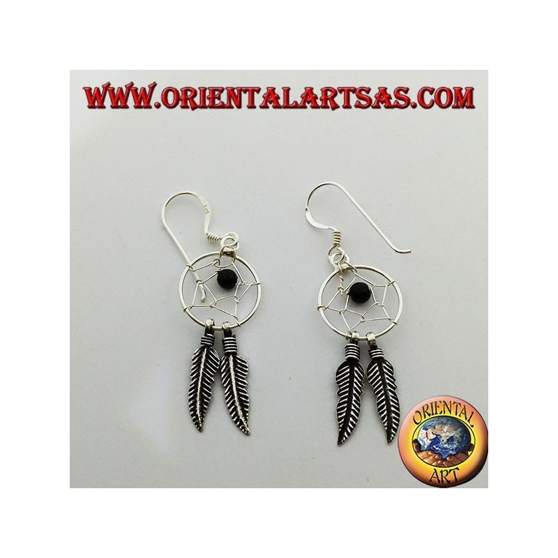 Silver earrings with little dream catcher with onyx ball