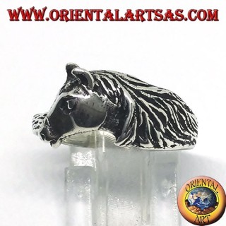 Silver ring of a horse head with a mane