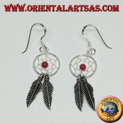 Boucles d'oreilles en argent petit attrape-rêves avec boule de corail rouge