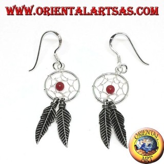 Earrings in silver dreamcatcher small with ball of coral red