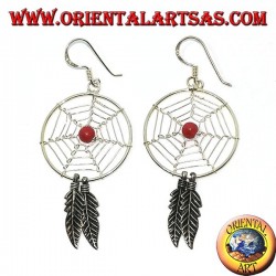 Boucles d'oreilles en argent avec capteurs de rêves   (grand) avec une boule de corail rouge
