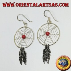 Boucles d'oreilles en argent avec capteurs de rêves   (grand) avec une boule de corail rouge