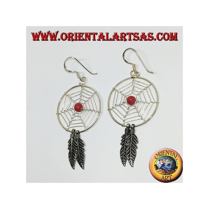 Pendientes de plata con atrapasueños.   (grande) con una bola de coral rojo
