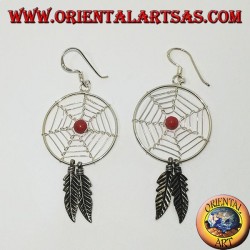 Boucles d'oreilles en argent avec capteurs de rêves   (grand) avec une boule de corail rouge