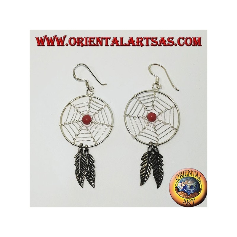 Pendientes de plata con atrapasueños.   (grande) con una bola de coral rojo
