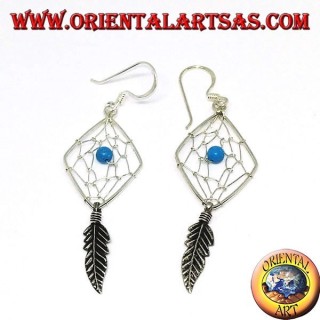Pendientes en plata atrapasueños en forma de rombo con bola turquesa.