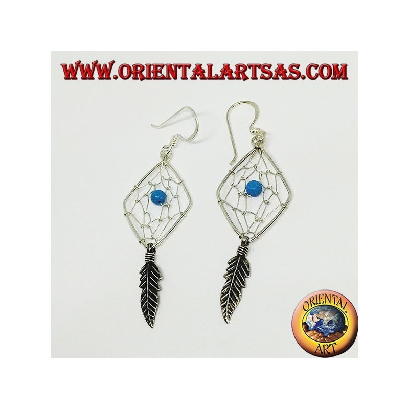 Earrings in silver dreamcatcher shaped like a rhombus with turquoise ball