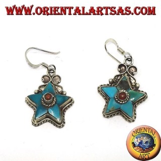 Boucles d'oreilles en argent en forme d'étoile avec turquoise antique et boule de corail (Népalais)