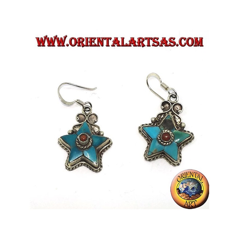 Pendientes de plata en forma de estrella con turquesa antiguo y bola de coral (nepalí)