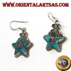 Boucles d'oreilles en argent en forme d'étoile avec turquoise antique et boule de corail (Népalais)