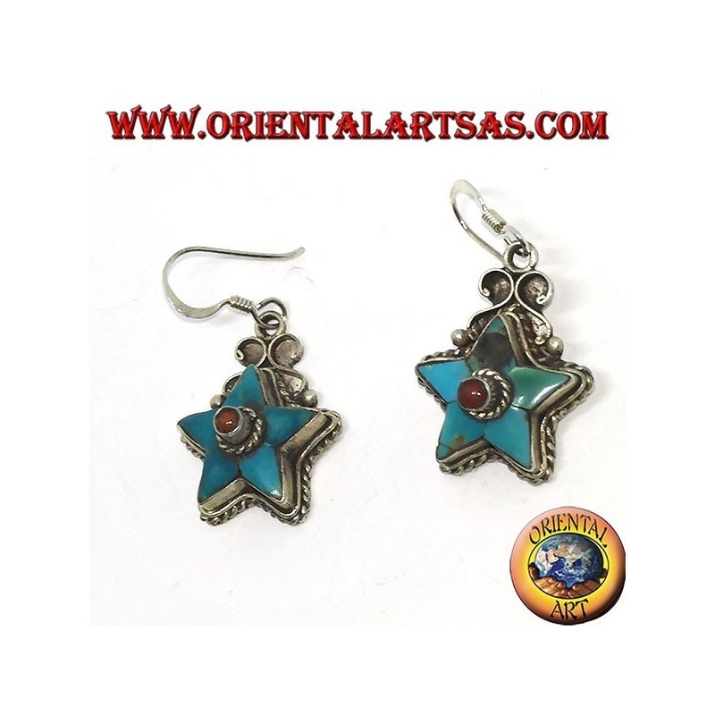 Pendientes de plata en forma de estrella con turquesa antiguo y bola de coral (nepalí)