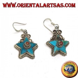 Pendientes de plata en forma de estrella con turquesa antiguo y bola de coral (nepalí)