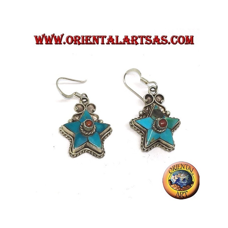 Silver earrings in the shape of a star with antique turquoise and a coral ball (Nepalese)
