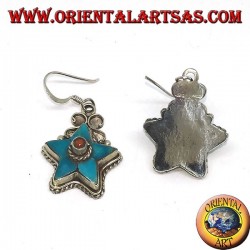 Boucles d'oreilles en argent en forme d'étoile avec turquoise antique et boule de corail (Népalais)