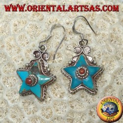 Silver earrings in the shape of a star with antique turquoise and a coral ball (Nepalese)