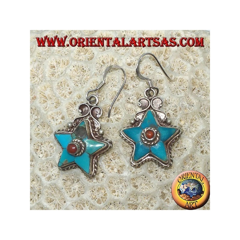 Silver earrings in the shape of a star with antique turquoise and a coral ball (Nepalese)