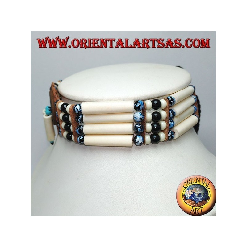 Collier ras de cou amérindien en os et perles marbrées noires et bleues