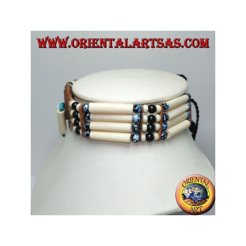 American Indian choker necklace in bone and black and blue marbled beads